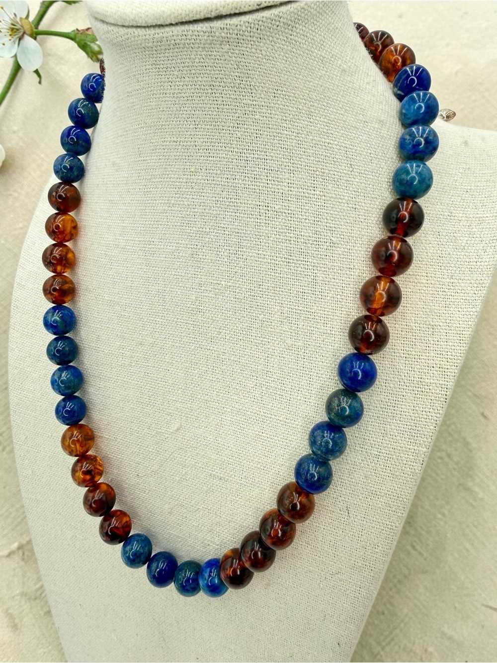 Jay King DTR Lapis Amber Bead Necklace Sterling 18-20” Adjustable Southwest Boho